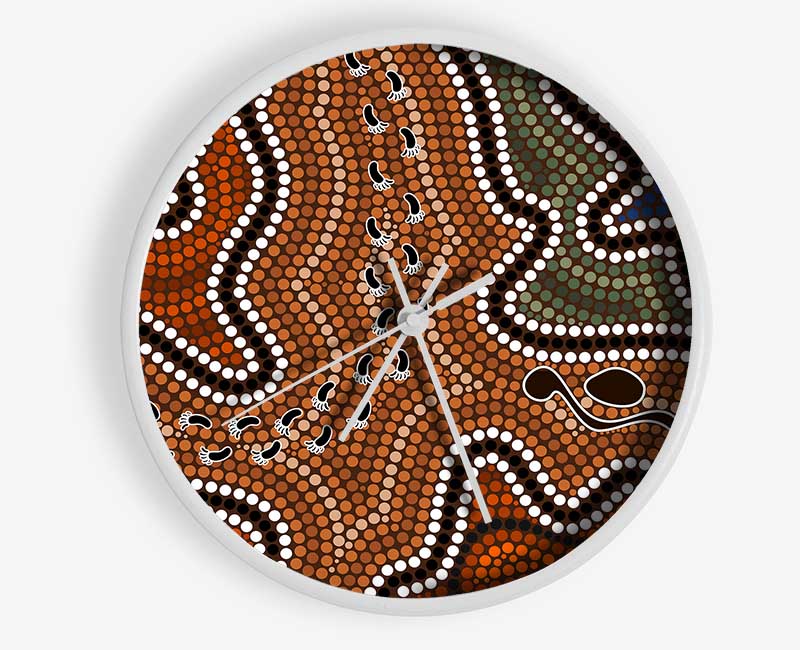 Aboriginal Pattern 5 clock made from natural bamboo with intricate designs, featuring a round face and clear Plexiglas lens.