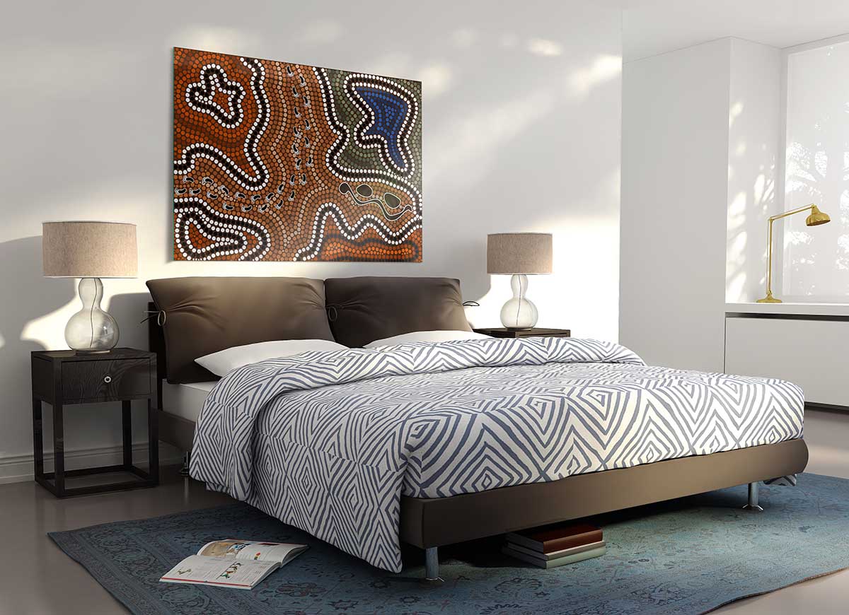 Aboriginal Pattern 5 glass print featuring vibrant colors and intricate designs, perfect for modern home decor.