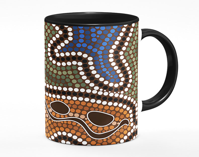 Aboriginal Pattern 5 Mug showcasing vibrant colors and intricate designs with a polished ceramic finish.