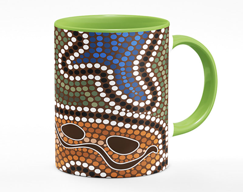 Aboriginal Pattern 5 Mug showcasing vibrant colors and intricate designs with a polished ceramic finish.