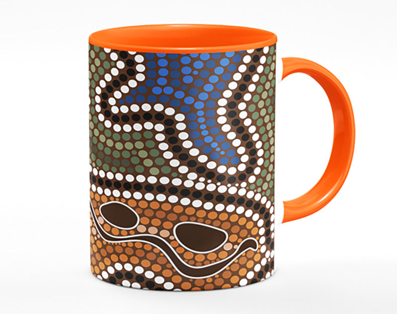 Aboriginal Pattern 5 Mug showcasing vibrant colors and intricate designs with a polished ceramic finish.