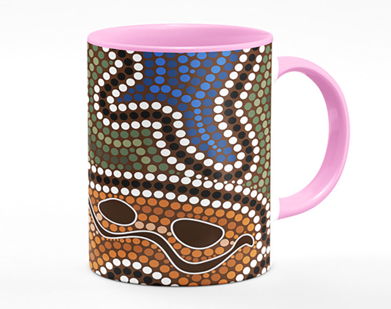 Aboriginal Pattern 5 Mug showcasing vibrant colors and intricate designs with a polished ceramic finish.