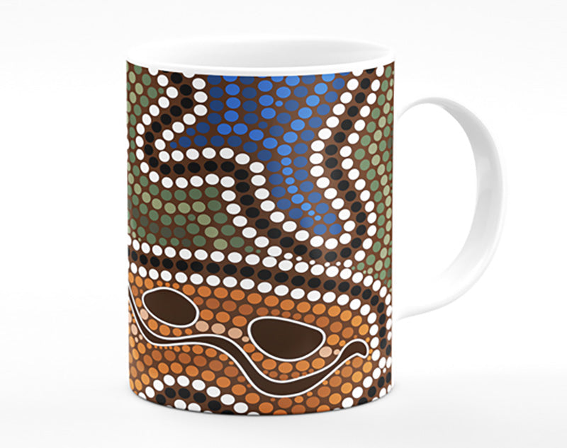 Aboriginal Pattern 5 Mug showcasing vibrant colors and intricate designs with a polished ceramic finish.