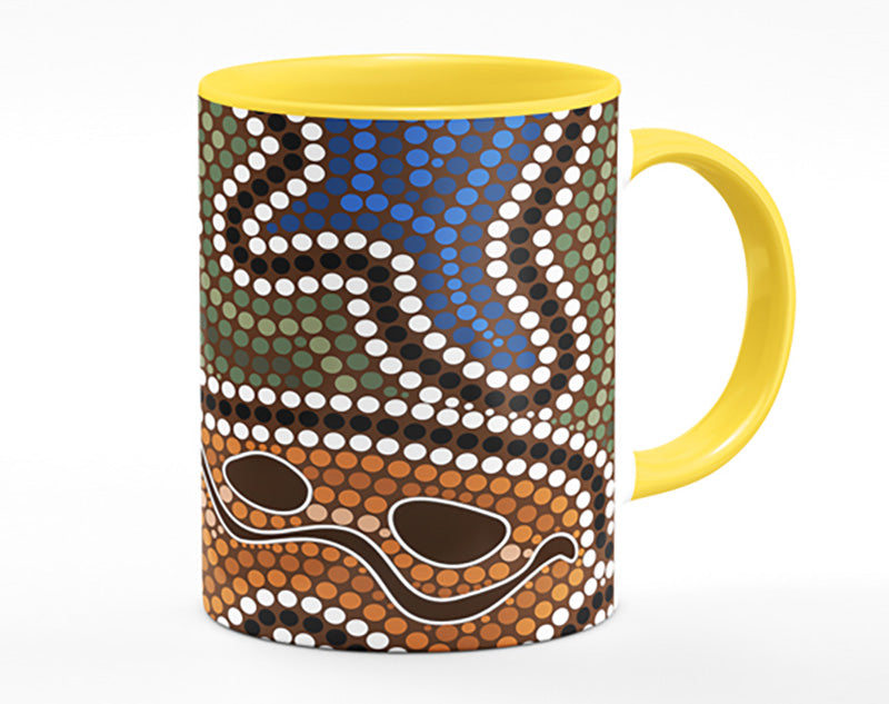 Aboriginal Pattern 5 Mug showcasing vibrant colors and intricate designs with a polished ceramic finish.