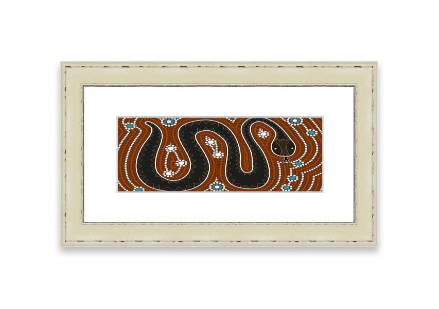 Framed Aboriginal Pattern 6 print showcasing intricate designs, available in various frame colors.