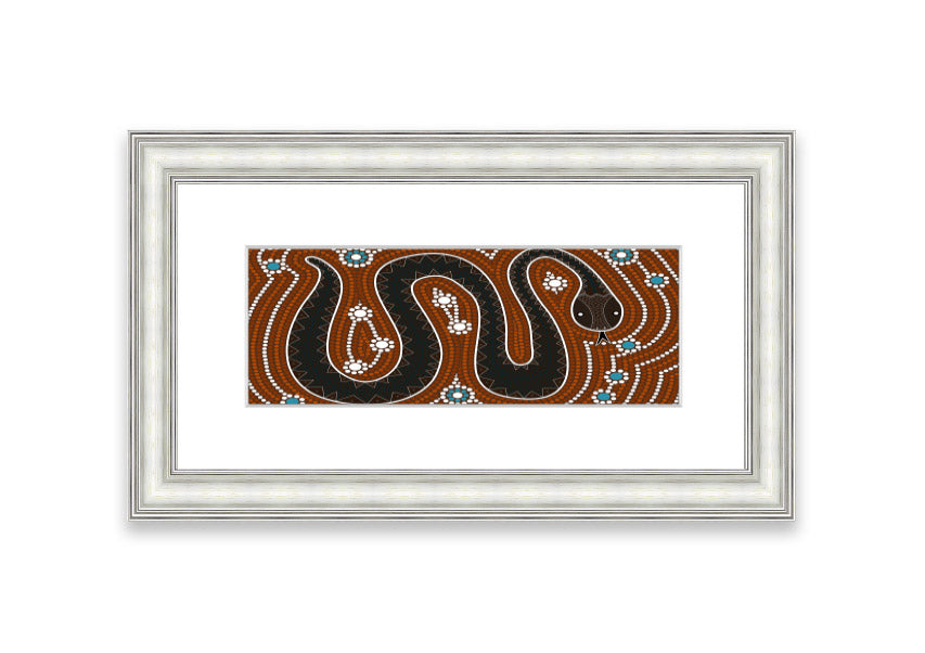 Framed Aboriginal Pattern 6 print showcasing intricate designs, available in various frame colors.