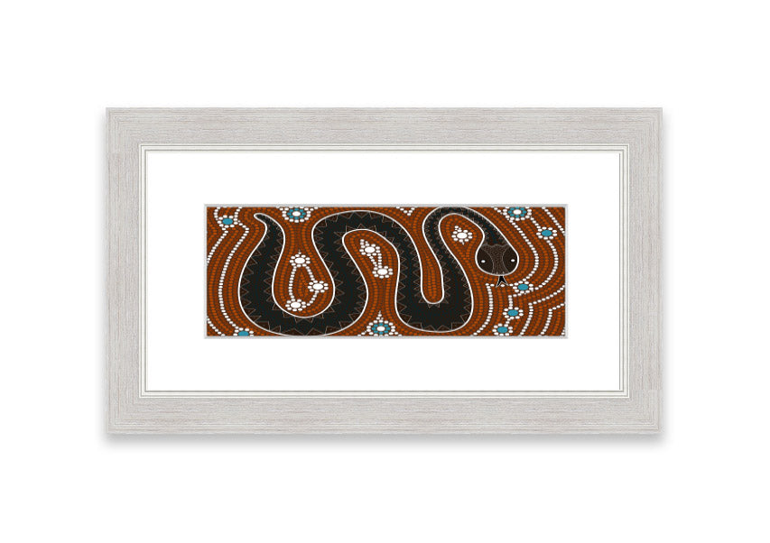 Framed Aboriginal Pattern 6 print showcasing intricate designs, available in various frame colors.