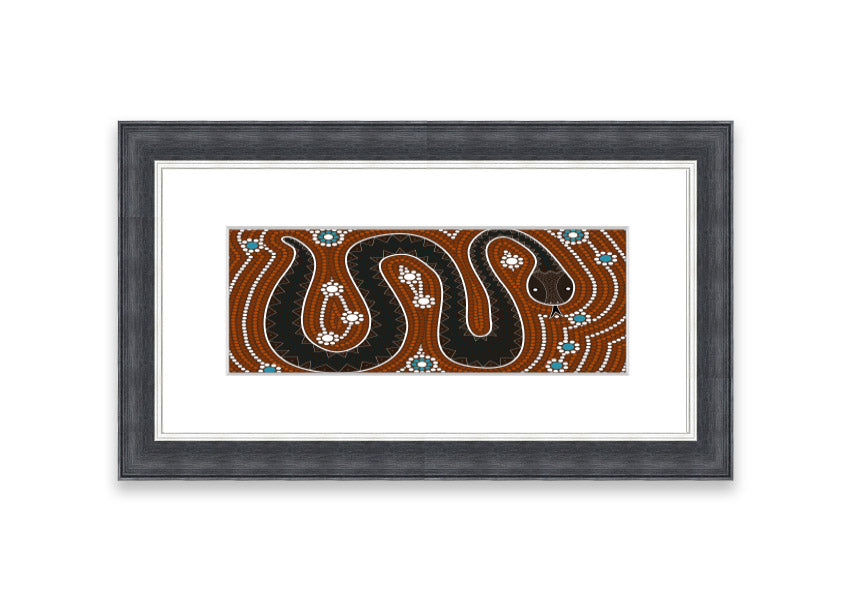 Framed Aboriginal Pattern 6 print showcasing intricate designs, available in various frame colors.