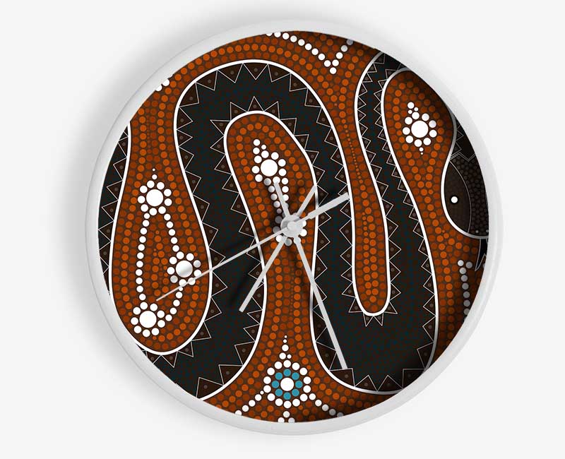 Aboriginal Pattern 6 clock made from natural bamboo with intricate designs, featuring a clear Plexiglas lens and available in multiple colors.