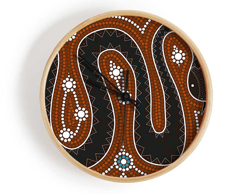 Aboriginal Pattern 6 clock made from natural bamboo with intricate designs, featuring a clear Plexiglas lens and available in multiple colors.