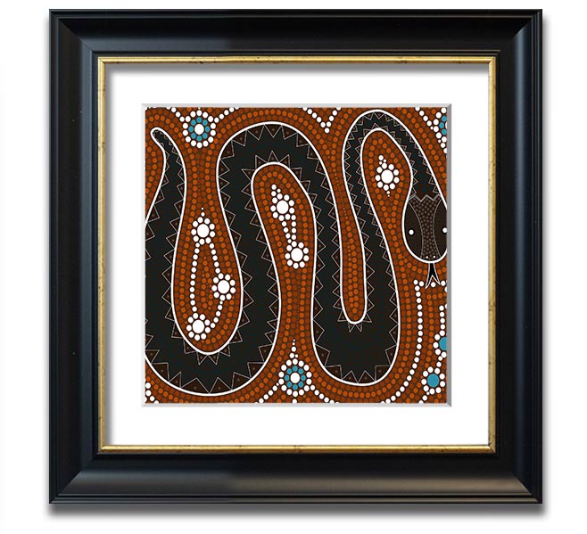 Aboriginal Pattern 6 Square Framed Print showcasing intricate designs in vibrant colors, framed in a stylish border.