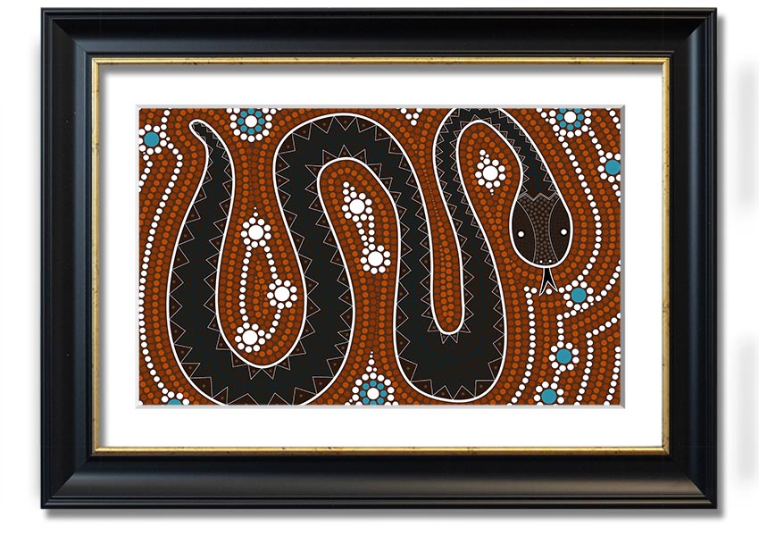 Framed Aboriginal Pattern 6 print showcasing vibrant colors and intricate designs, ready to hang on the wall.