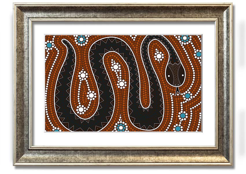 Framed Aboriginal Pattern 6 print showcasing vibrant colors and intricate designs, ready to hang on the wall.