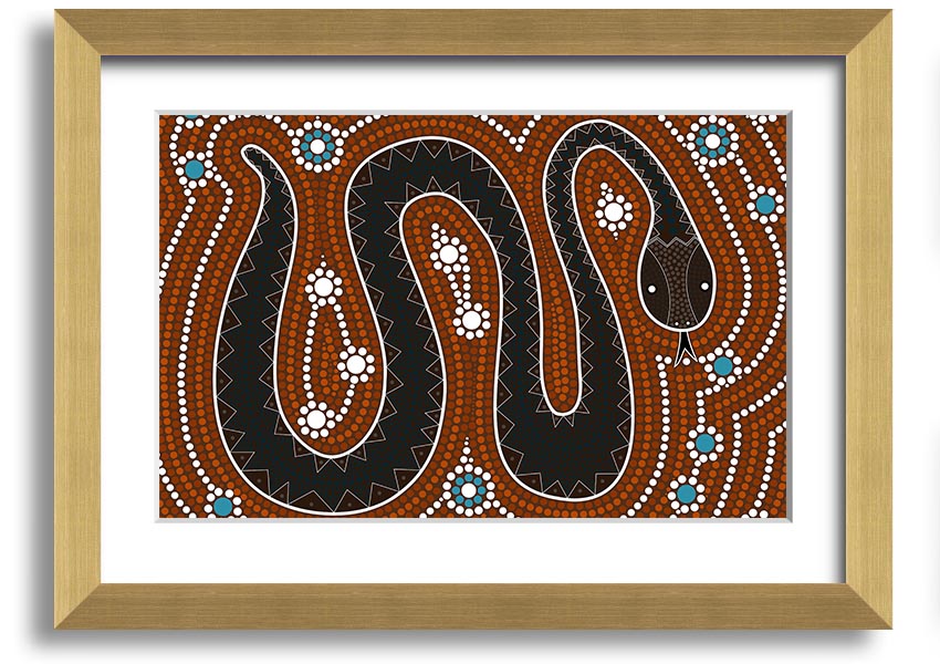 Framed Aboriginal Pattern 6 print showcasing vibrant colors and intricate designs, ready to hang on the wall.