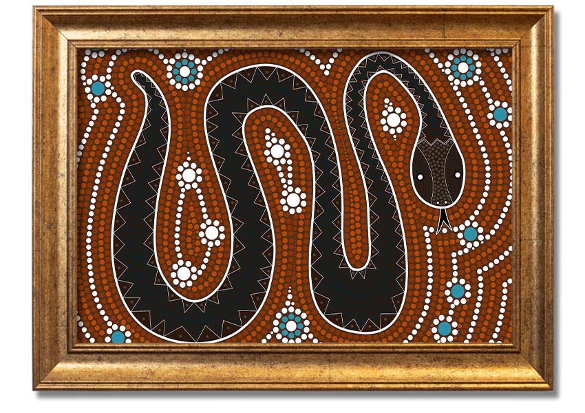 Framed Aboriginal Pattern 6 print showcasing vibrant colors and intricate designs, ready to hang on the wall.