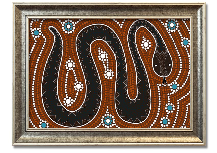 Framed Aboriginal Pattern 6 print showcasing vibrant colors and intricate designs, ready to hang on the wall.