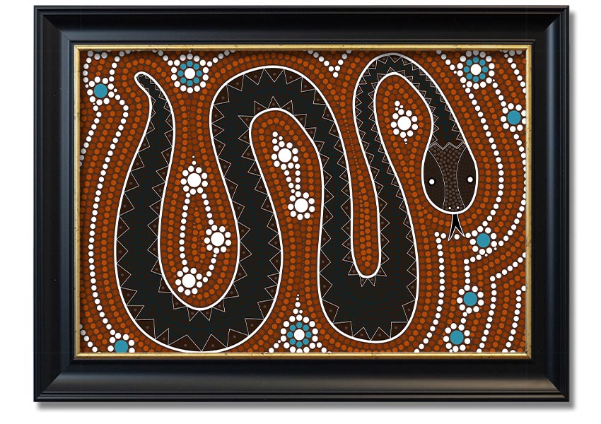 Framed Aboriginal Pattern 6 print showcasing vibrant colors and intricate designs, ready to hang on the wall.