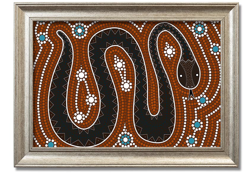 Framed Aboriginal Pattern 6 print showcasing vibrant colors and intricate designs, ready to hang on the wall.