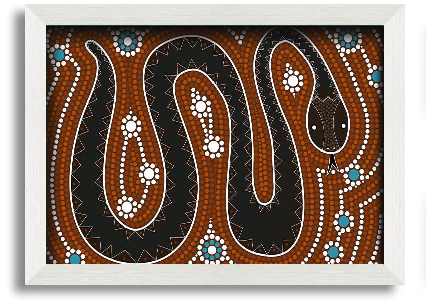 Framed Aboriginal Pattern 6 print showcasing vibrant colors and intricate designs, ready to hang on the wall.