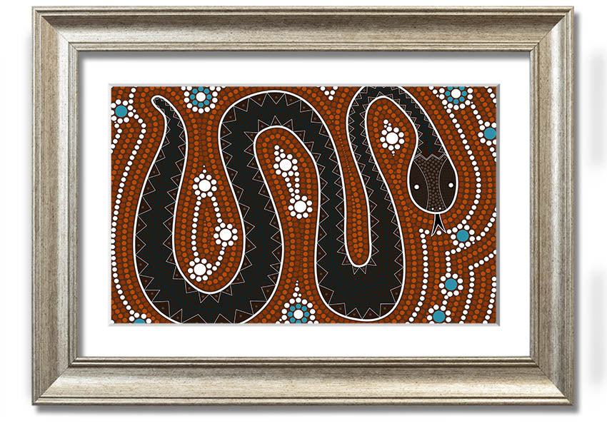 Framed Aboriginal Pattern 6 print showcasing vibrant colors and intricate designs, ready to hang on the wall.