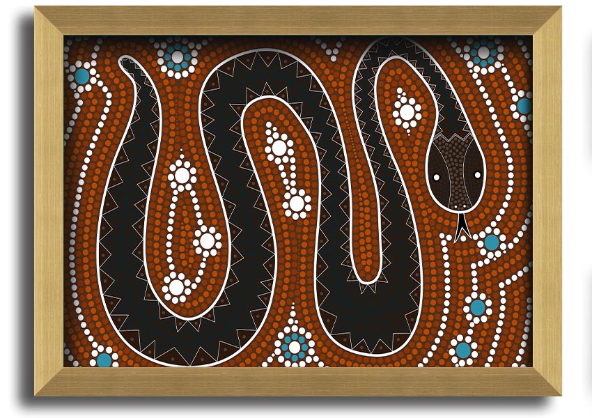 Framed Aboriginal Pattern 6 print showcasing vibrant colors and intricate designs, ready to hang on the wall.