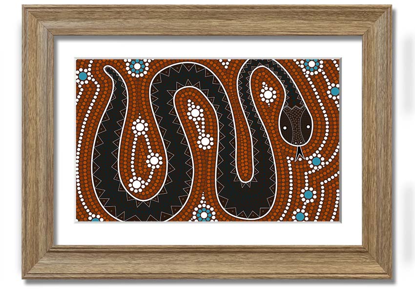 Framed Aboriginal Pattern 6 print showcasing vibrant colors and intricate designs, ready to hang on the wall.