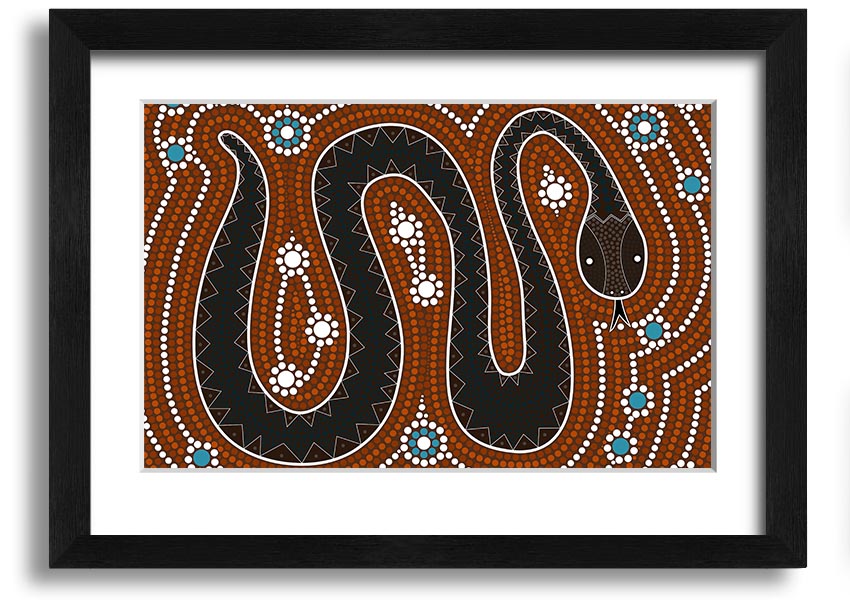 Framed Aboriginal Pattern 6 print showcasing vibrant colors and intricate designs, ready to hang on the wall.