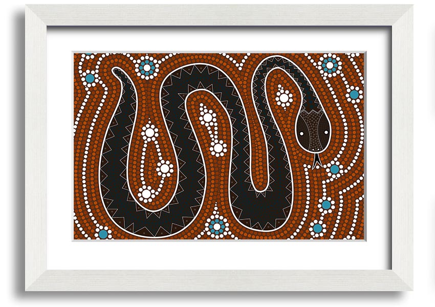 Framed Aboriginal Pattern 6 print showcasing vibrant colors and intricate designs, ready to hang on the wall.