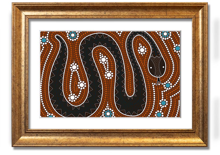 Framed Aboriginal Pattern 6 print showcasing vibrant colors and intricate designs, ready to hang on the wall.