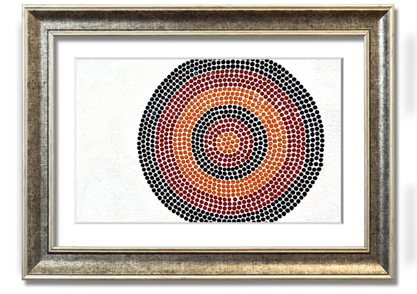 Framed Aboriginal Pattern 7 print showcasing vibrant colors and unique design, ready to hang.