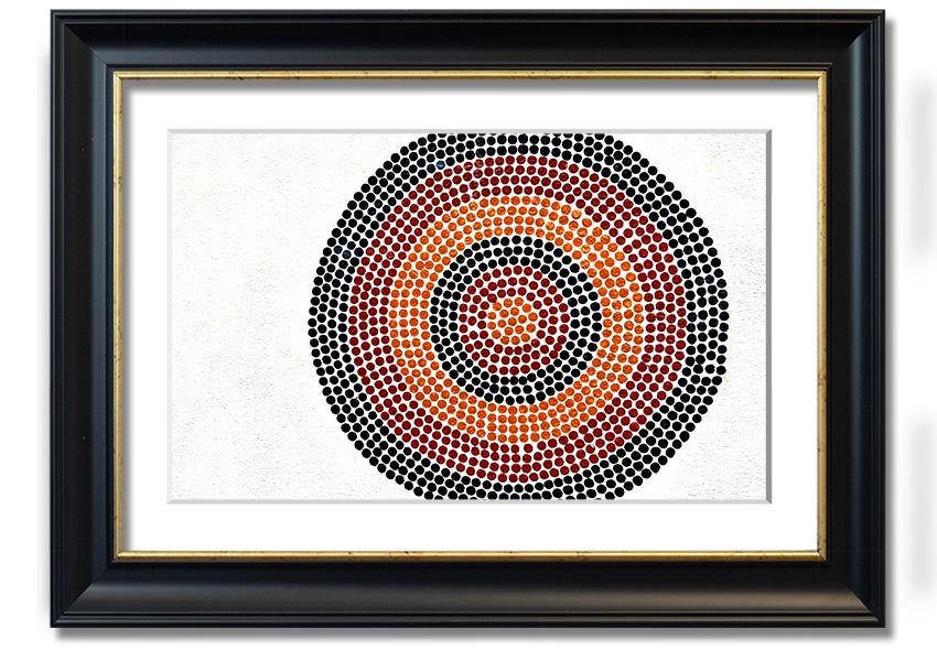 Framed Aboriginal Pattern 7 print showcasing vibrant colors and unique design, ready to hang.