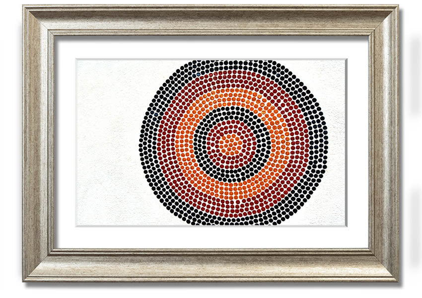 Framed Aboriginal Pattern 7 print showcasing vibrant colors and unique design, ready to hang.