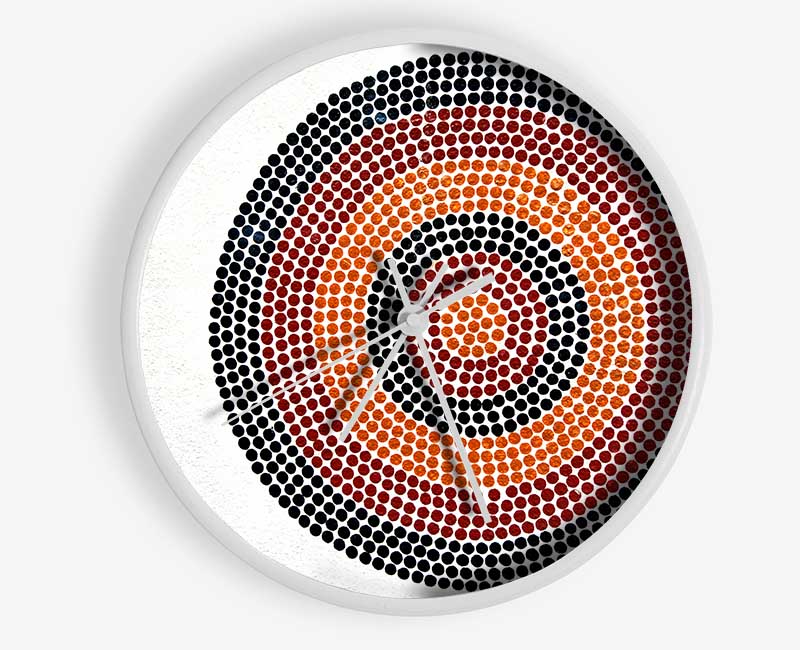 Aboriginal Pattern 7 clock made from natural bamboo with intricate designs, featuring a round face and clear Plexiglas lens.