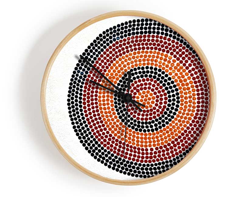 Aboriginal Pattern 7 clock made from natural bamboo with intricate designs, featuring a round face and clear Plexiglas lens.