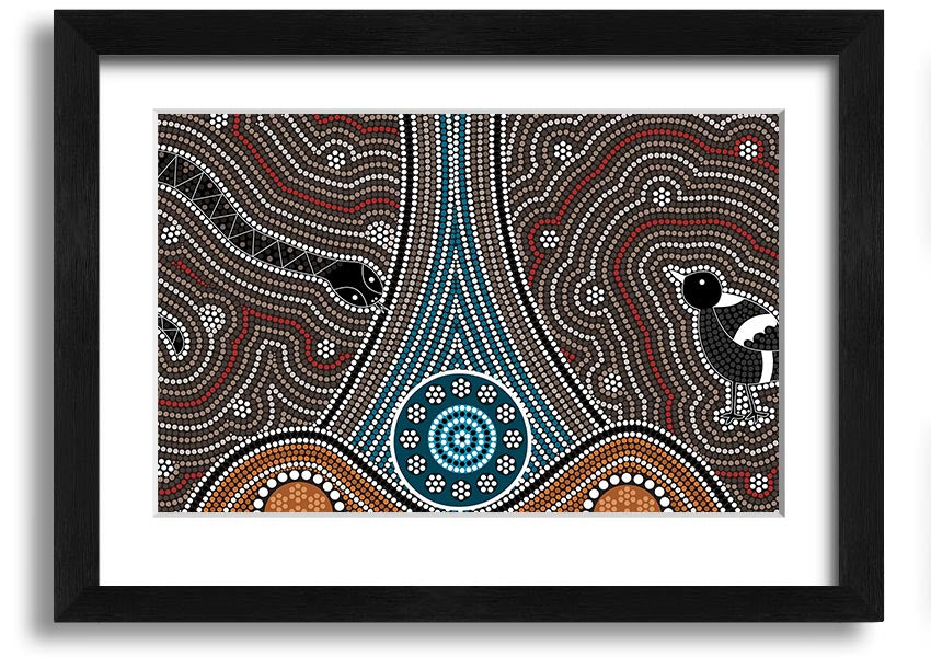 Framed Aboriginal Pattern 8 print showcasing intricate designs and vibrant colors, available in various frame options.