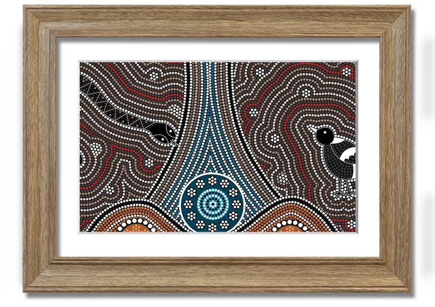 Framed Aboriginal Pattern 8 print showcasing intricate designs and vibrant colors, available in various frame options.