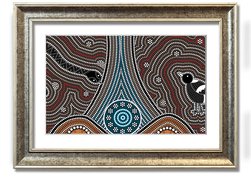 Framed Aboriginal Pattern 8 print showcasing intricate designs and vibrant colors, available in various frame options.