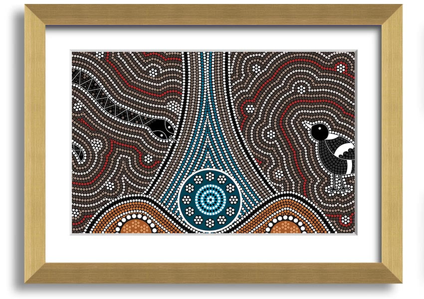 Framed Aboriginal Pattern 8 print showcasing intricate designs and vibrant colors, available in various frame options.