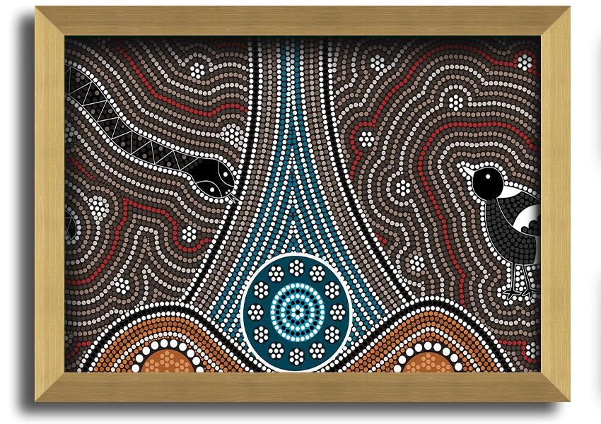 Framed Aboriginal Pattern 8 print showcasing intricate designs and vibrant colors, available in various frame options.