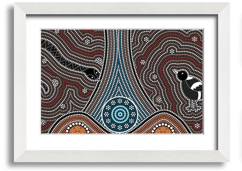 Framed Aboriginal Pattern 8 print showcasing intricate designs and vibrant colors, available in various frame options.