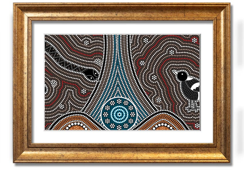 Framed Aboriginal Pattern 8 print showcasing intricate designs and vibrant colors, available in various frame options.