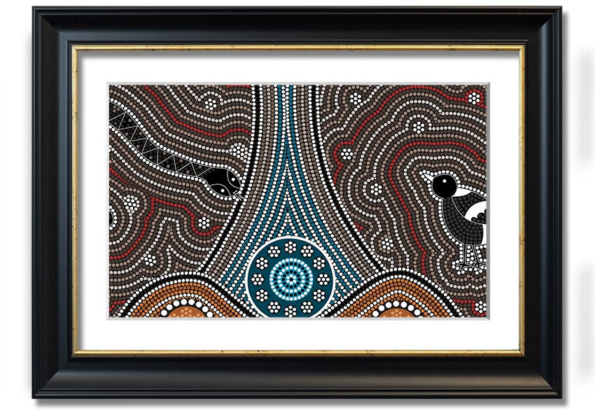 Framed Aboriginal Pattern 8 print showcasing intricate designs and vibrant colors, available in various frame options.