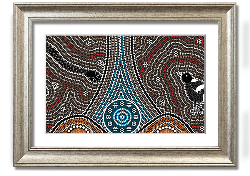 Framed Aboriginal Pattern 8 print showcasing intricate designs and vibrant colors, available in various frame options.