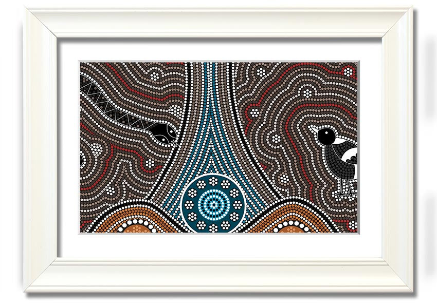 Framed Aboriginal Pattern 8 print showcasing intricate designs and vibrant colors, available in various frame options.