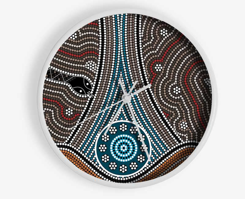 Aboriginal Pattern 8 clock made from natural bamboo with a round face and clear Plexiglas lens, showcasing a unique design.