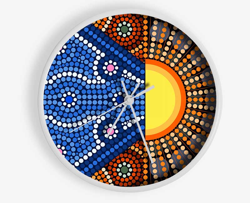 Aboriginal Pattern 9 clock made from natural bamboo with a round face and intricate design, available in black, white, and natural frame colors.