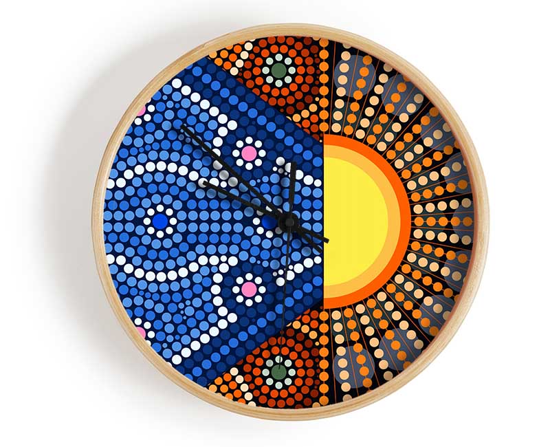 Aboriginal Pattern 9 clock made from natural bamboo with a round face and intricate design, available in black, white, and natural frame colors.