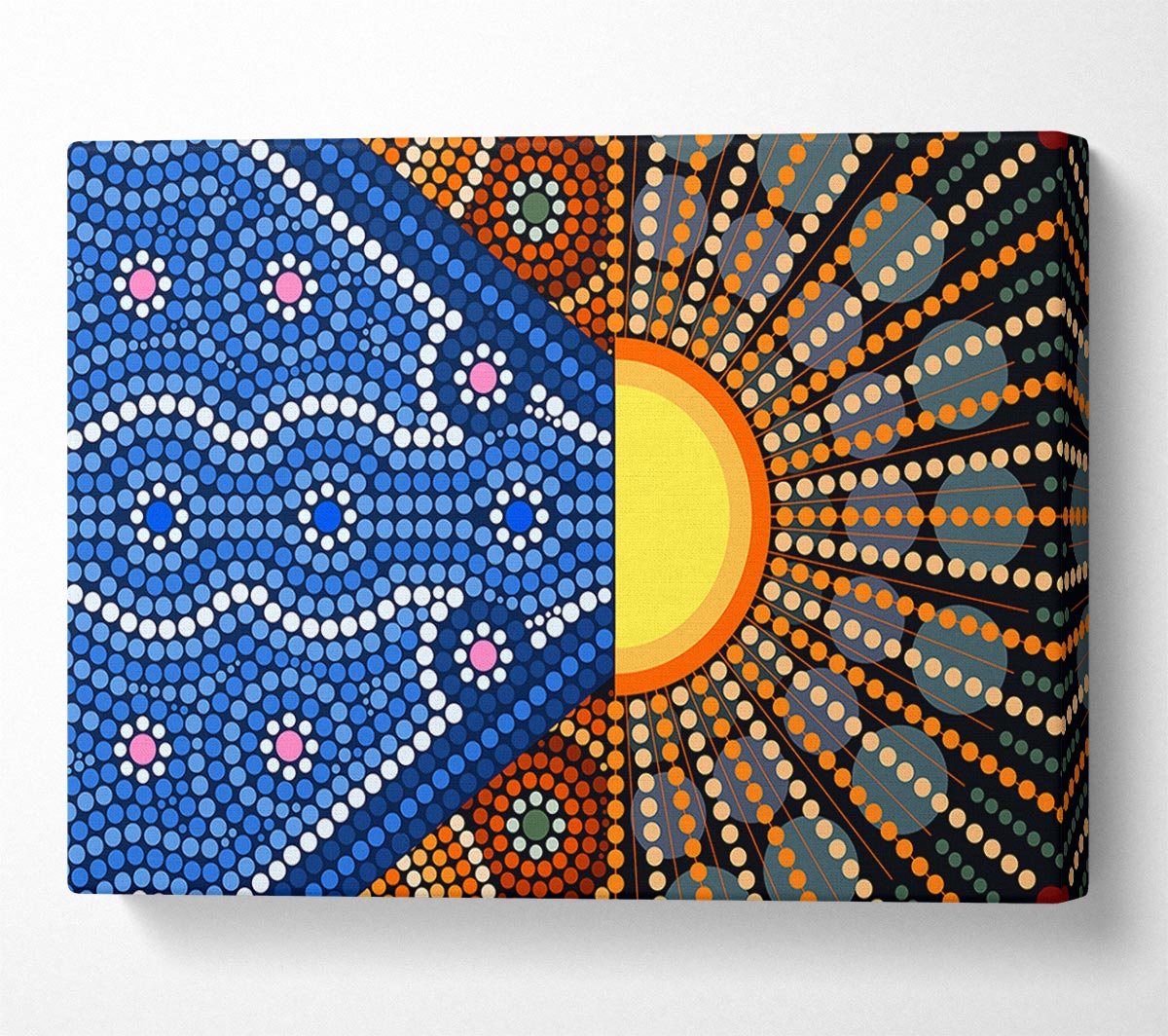 Aboriginal Pattern 9 canvas art mounted on a 44mm box frame, showcasing vibrant colors and intricate designs.