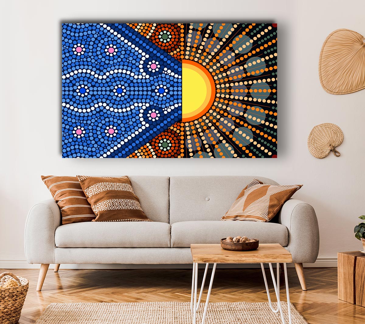 Aboriginal Pattern 9 canvas art mounted on a 44mm box frame, showcasing vibrant colors and intricate designs.