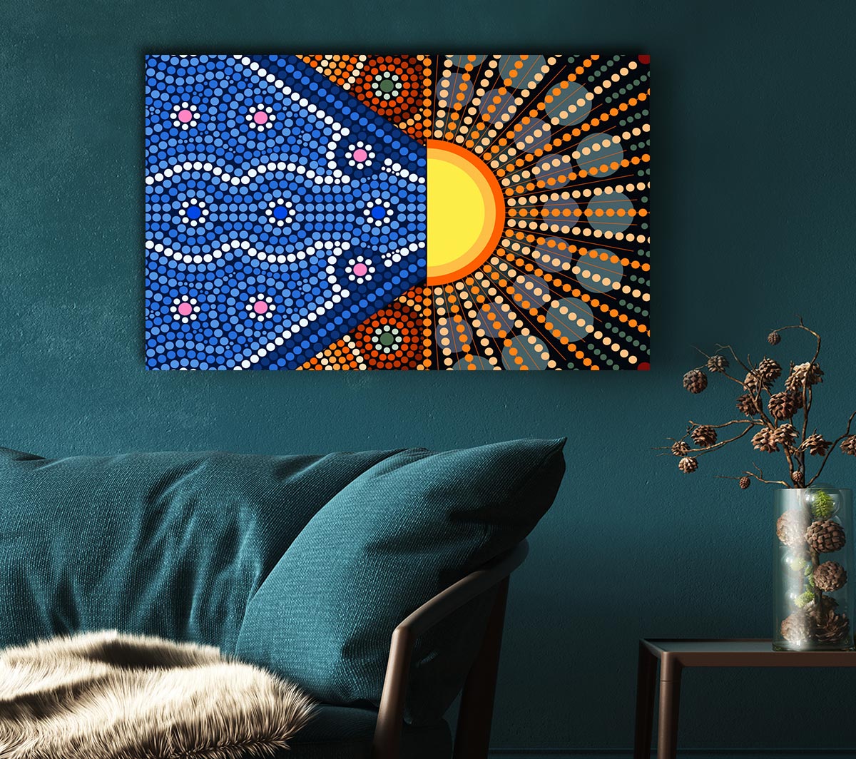 Aboriginal Pattern 9 canvas art mounted on a 44mm box frame, showcasing vibrant colors and intricate designs.